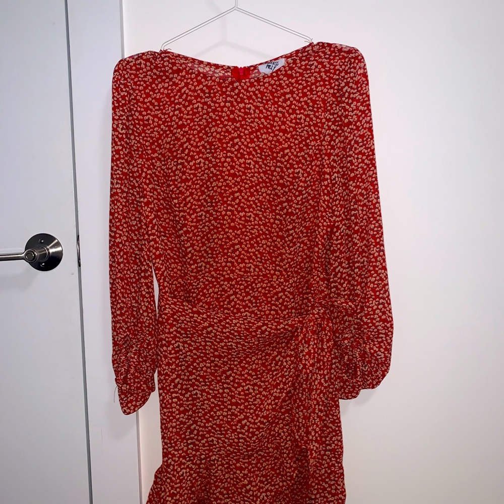 Princess Polly wrap ruffle dress in maroon
